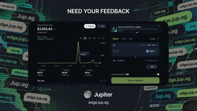 The image shows Jupiter's new homepage on Edge, featuring a Solana Portfolio Value tracker displaying $1350.44 with a 1-week "BN" token chart showing a peak of $1,485.44, alongside an "Earn over 5.4% APY on JupSOL" interface with USDC and SOL buy options. This directly illustrates the post's request for user feedback, encouraging users to test the new homepage's features—like portfolio tracking and staking options—and share what works or needs improvement.