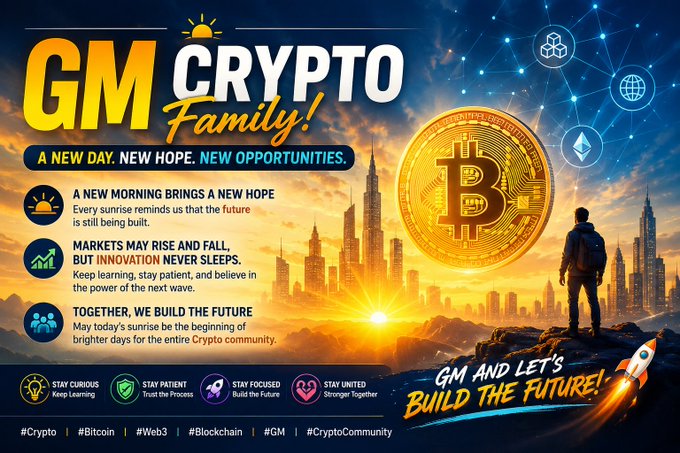 A promotional graphic for 'GM Crypto Family!' featuring motivational text about markets rising and innovation, a Bitcoin coin, and hashtags like #Crypto and #Bitcoin.