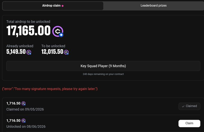The image features a screenshot of an Airdrop claim page that displays various details, including a total airdrop claim value of $17,664.90 and the time remaining for key player 6 months remaining until the claim is claimed. The error message on the screen indicates that many users have reported claim errors, possibly due to high demand or temporary platform issues.