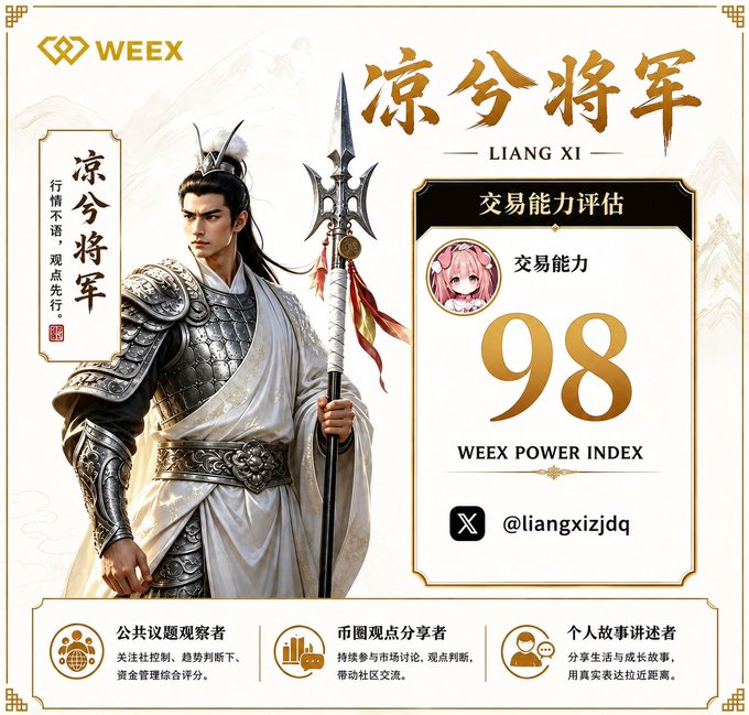 A WEEX trading platform promotional graphic featuring a Chinese warrior character named 'LIANG XI' with a trading ability score of 98 and the handle @liangxizjdq.