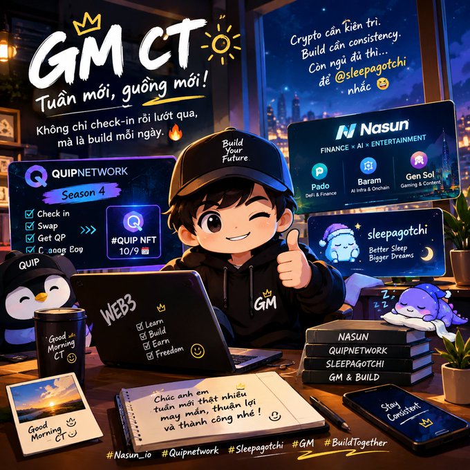 Anime-style illustration of a character at a desk with crypto/Web3 branding including 'GM CT', 'QUIPNETWORK Season 4', 'Nasun FINANCE × AI × ENTERTAINMENT', 'sleepagotchi', and hashtags #Nasun_io #Quipnetwork #Sleepagotchi #GM #BuildTogether.