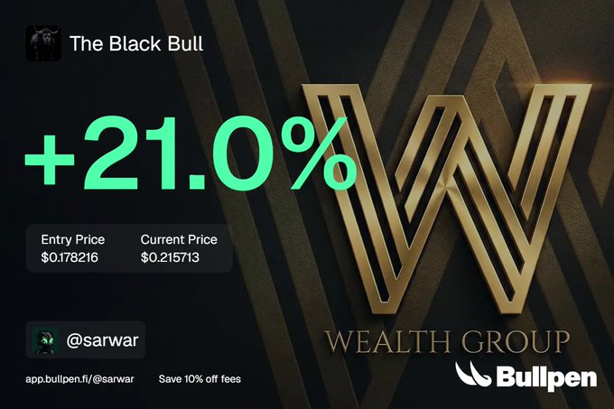 This is a screenshot showing a "+21.0%" profit for an investment with an entry price of $0.178216 and a current price of $0.215713, associated with "The Black Bull" and "Bullpen".