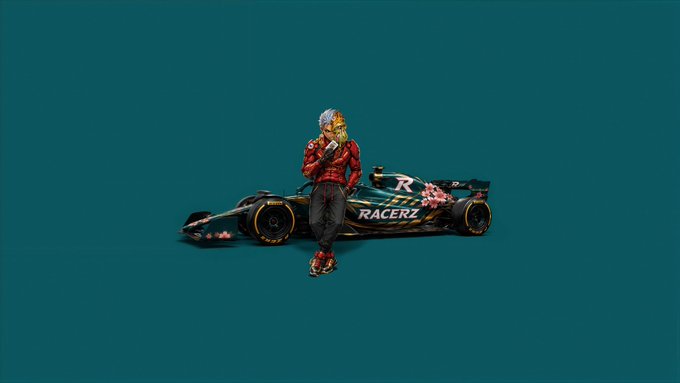 A 3D rendered image of a masked character in a red jacket standing in front of a black and red 'Racerz' formula-style race car on a teal background.
