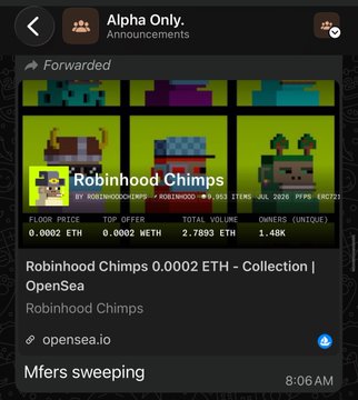 A mobile app screenshot showing an NFT collection called 'Robinhood Chimps' with a floor price of 0.0002 ETH, total volume of 2.7893 ETH, and 1.48K owners, available on OpenSea.