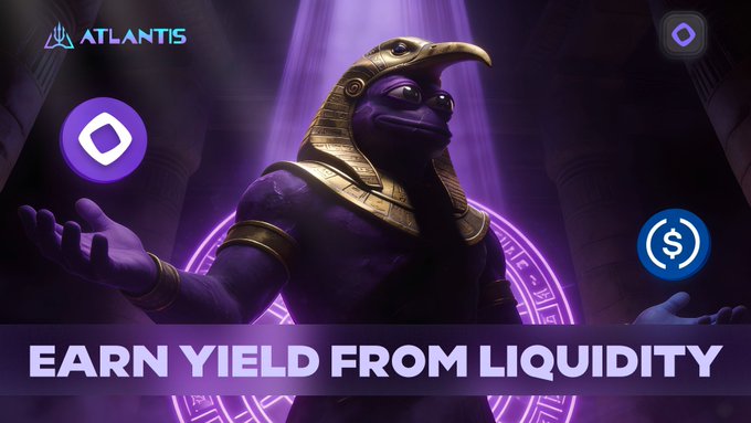 The image features a purple-skinned, gold-fringed deity with wings, holding a coin in one hand and a shield in the other. The background of the image is dark purple, creating an atmosphere of mystery or intrigue. In the top right corner of the image, there's text that reads "@monad" followed by three dollar signs, which could be related to cryptocurrency or digital assets.