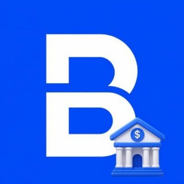 Blue background featuring a large white letter 'B' with an illustration of a bank building with columns and a dollar sign coin at the bottom right.