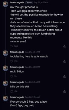 A screenshot of a Twitter thread by @frankdegods showing a series of tweets from September 26 between 4:02 AM and 9:34 PM, where he initially posts "multi 9 figs" about a significant investment in $beff/$giga/$e/$acc, but later tweets "i rly do this shit" indicating he sold his position, showing a complete reversal from buying to selling within the same day.