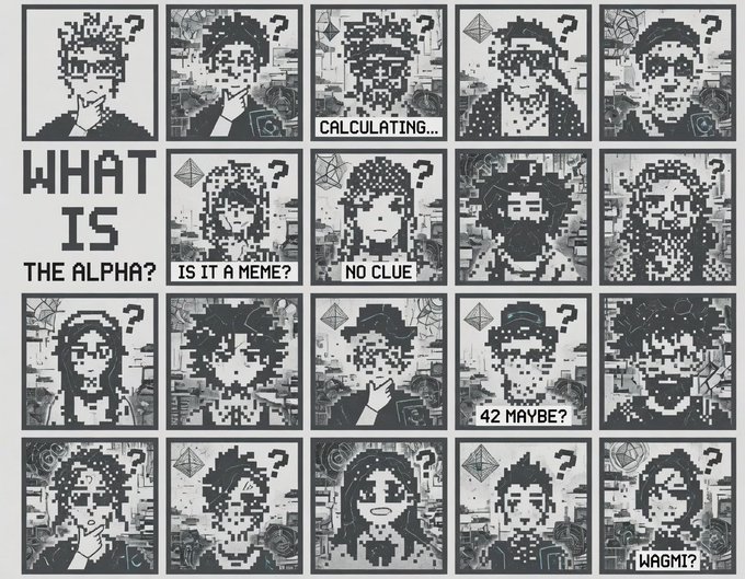 A pixel-art NFT collection titled 'WHAT IS THE ALPHA?' featuring a grid of 20 grayscale character portraits with question marks and humorous captions like 'CALCULATING...', 'IS IT A MEME?', 'NO CLUE', '42 MAYBE?', and 'WAGMI?', each overlaid with an Ethereum diamond logo.