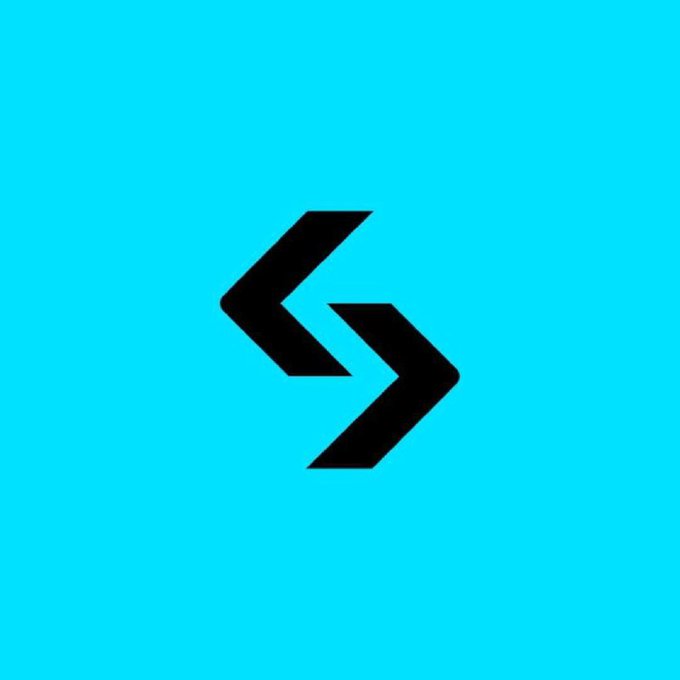 A minimalist logo featuring a black stylized arrow or bracket symbol pointing right, set against a solid turquoise background.