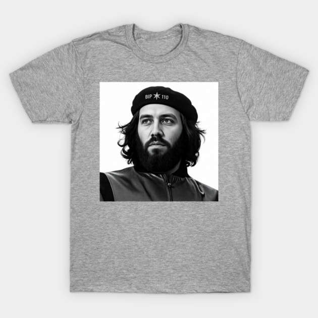 A heather gray t-shirt displayed flat, featuring a black and white portrait of Che Guevara wearing a black beret marked 'BIP ★ 110'.