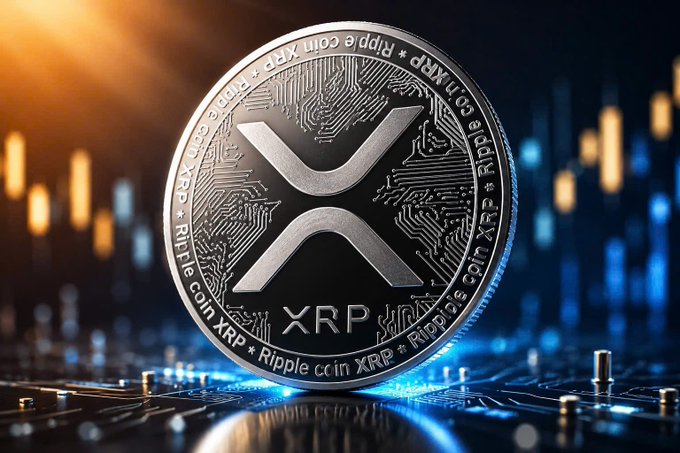 A 3D rendering of a metallic XRP/Ripple cryptocurrency coin resting on a digital circuit board with a blurred cityscape and light flares in the background.