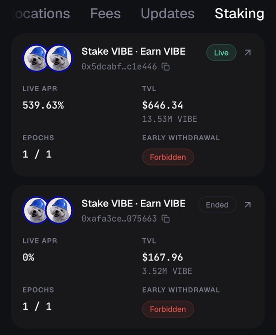 A dark-themed cryptocurrency staking interface showing two "Stake VIBE" pools with 539.63% and 0% LIVE APR, TVL values of $646.34 and $167.96, both marked as "Forbidden" for early withdrawal.