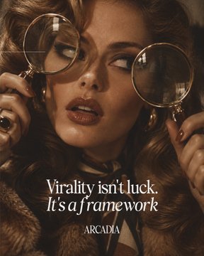 A glamorous woman holds two ornate magnifying glasses up to her eyes, framed by the tagline "Virality isn't luck. It's a framework" above the brand name "ARCADIA." The image visually reinforces the post's message about Arcadia's calculated, structured approach to generating massive visibility—like a magnifying glass methodically examining the mechanics behind their claim of 300 billion impressions.