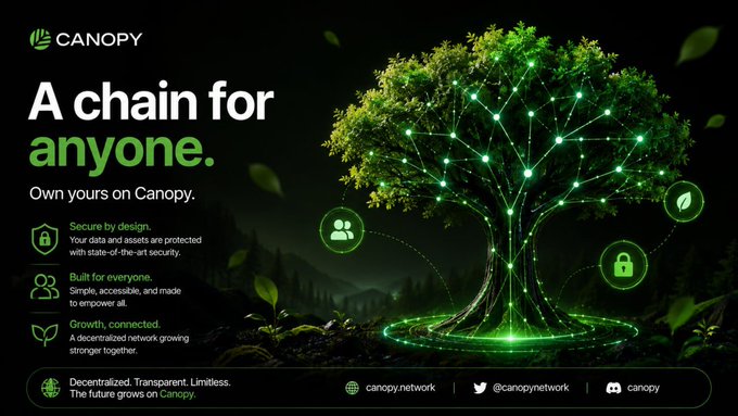 Canopy blockchain advertisement with 'A chain for anyone. Own yours on Canopy' and a glowing green tree graphic symbolizing the network.