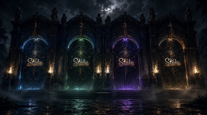 The image depicts four gothic, numbered archways (1-4) in blue, green, purple, and gold, each bearing the "Stake" logo, with torches and mist setting a dramatic tone—perfect for inviting users to share their Stake usernames.