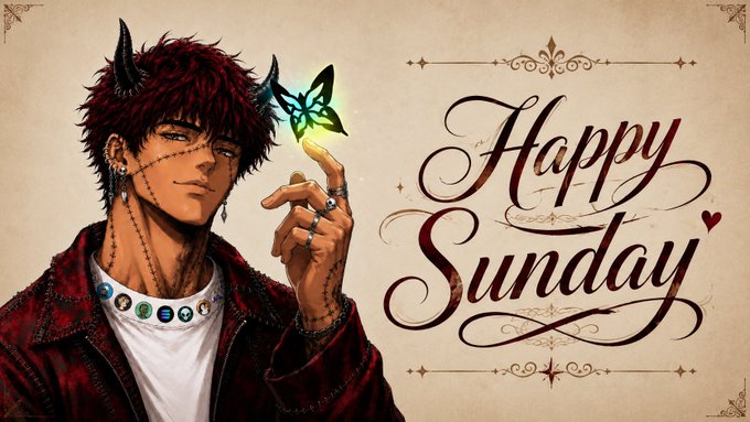 An anime-style illustration featuring a red-haired male character with horns and face tattoos, holding a glowing green butterfly on his finger, with decorative 'Happy Sunday' text in elegant script.