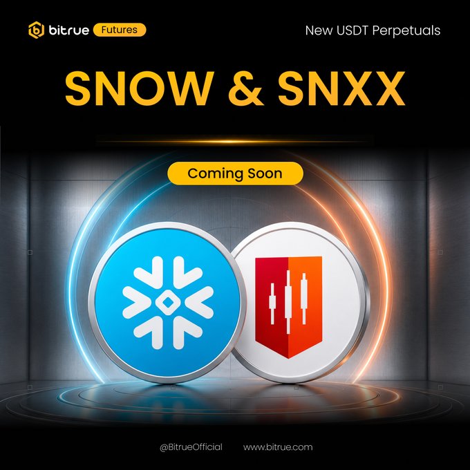 Bitrue Futures announces upcoming USDT perpetual listings for SNOW and SNXX, with stylized blue snowflake and red/orange candlestick coin emblems featured prominently above a "Coming Soon" banner.