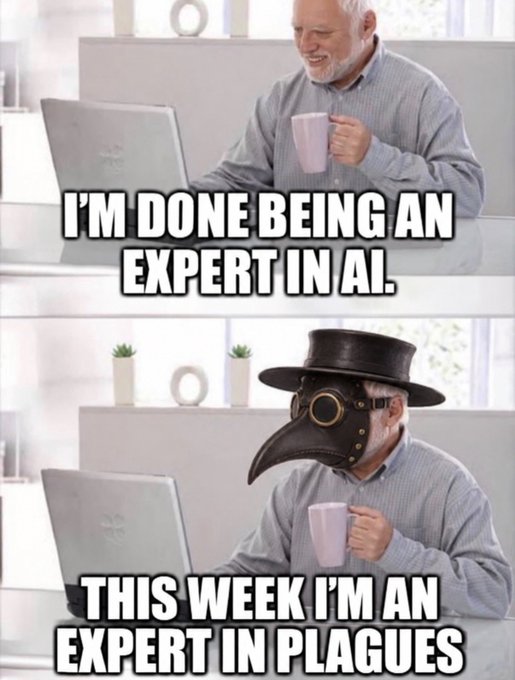 A meme featuring a man at a laptop; the top panel says 'I'M DONE BEING AN EXPERT IN AI.' and the bottom panel shows him in a plague doctor mask with the text 'THIS WEEK I'M AN EXPERT IN PLAGUES.'