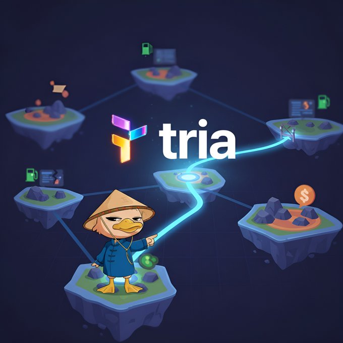 The image features a cartoon character dressed as a Chinese person, holding a blue object with a green line through the center of an island. The character appears to be pointing towards a logo for "Tria", which is displayed above them on a blue background. The character and the logo are surrounded by various islands in different colors, creating a vibrant and lively scene.