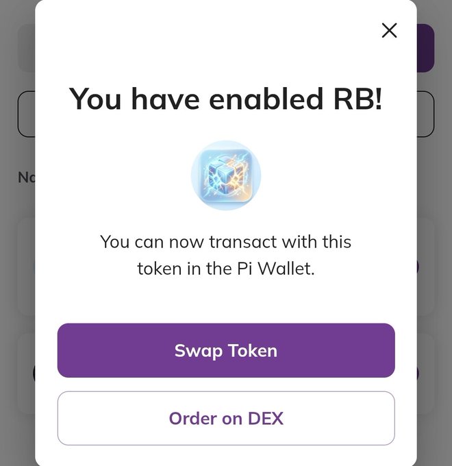 A confirmation popup displays "You have enabled RB!" with a message indicating the user can now transact with this token in the Pi Wallet, along with "Swap Token" and "Order on DEX" action buttons. The popup corresponds to the post announcing RB as another new token added to Pi Testnet for exploration of swaps and DEX trading on PiDEX.