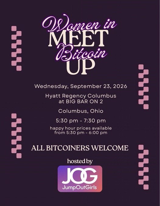 A promotional flyer for a 'Women in Bitcoin Meetup' hosted by JumpOutGirls (JOG), taking place Wednesday, September 23, 2026, at the Hyatt Regency Columbus from 5:30 pm to 7:30 pm.