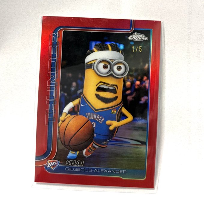 A red Topps Chrome basketball card labeled “THUNDER” features a Minion-style caricature holding a basketball, with “SHAI GILGEOUS-ALEXANDER” and “1/5” visible.