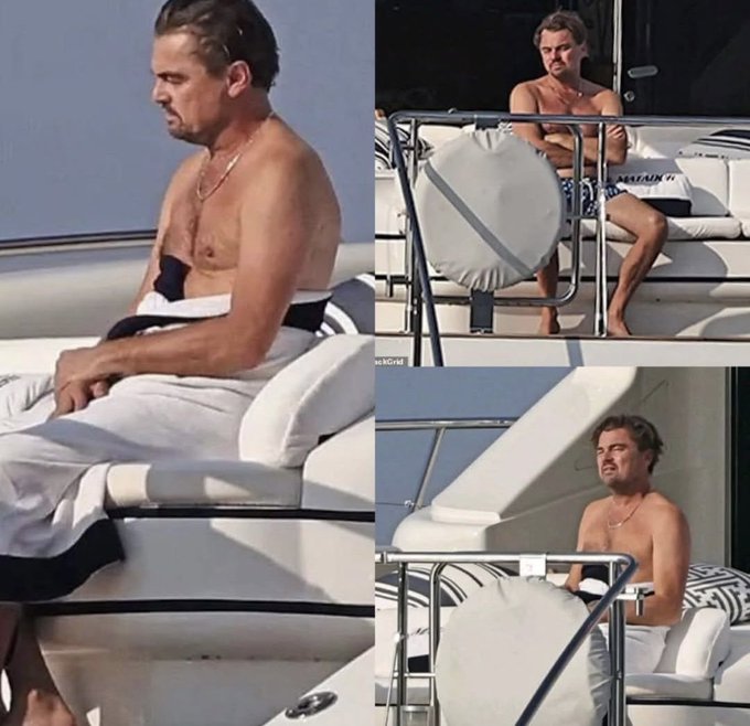 A collage shows Leonardo DiCaprio shirtless, wrapped in a towel, sitting on a yacht lounger and looking around apprehensively. The post pairs the meme with a joke about crypto investors anxiously waiting for the Clarity Act, comparing their cautious waiting to DiCaprio's nervous posture on the boat.