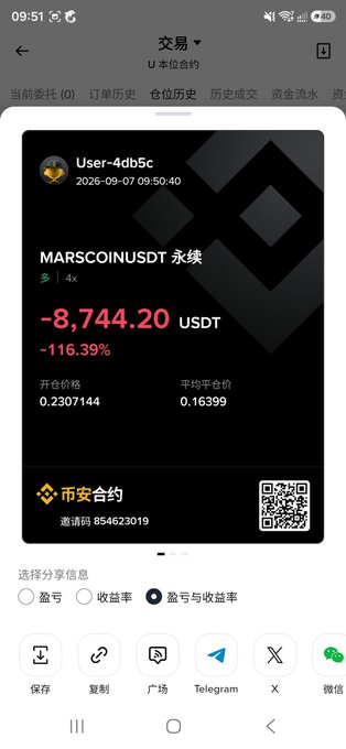 A screenshot of a trading app showing a user (User-4db5c) with a brutal MARSCOINUSDT perpetual short position that's down -8,744.20 USDT (-116.39%) at an average entry price of 0.16399. The image visually illustrates the post's point about meme coin trading losses, showcasing exactly the kind of catastrophic position that comes from chasing newly listed coins on exchanges like Binance.