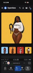 A screenshot of the OpenSea app on a mobile phone displaying an NFT illustration of a woman with dark skin and hair against a yellow background.