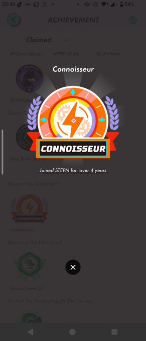 A mobile app achievement screen showing a 'Connoisseur' badge with text indicating the user 'Joined STEPN for over 4 years' on the STEPN fitness app.