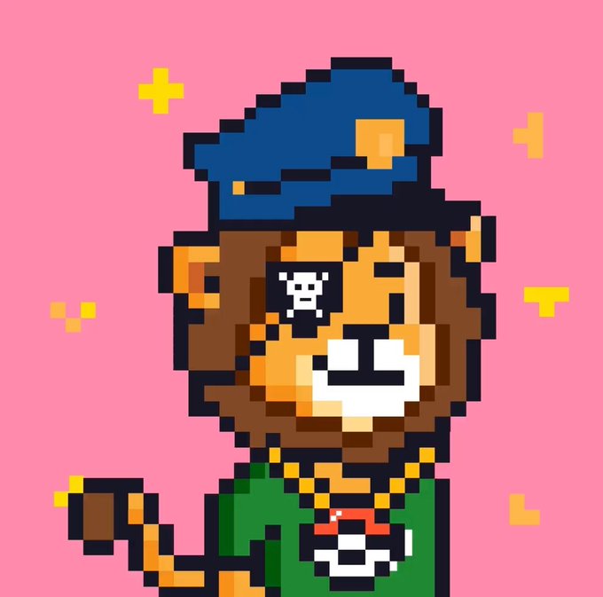 Pixel art of a bear character wearing a blue cap and green shirt with a skull necklace on a pink background with yellow accents.
