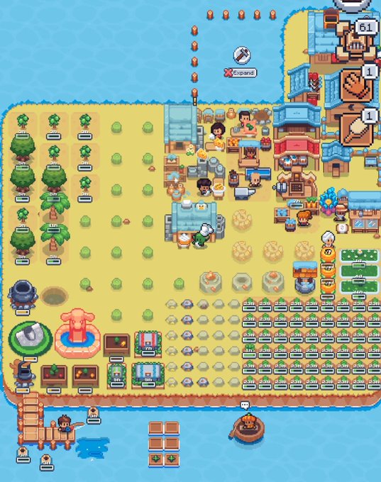 A top-down pixel art farming/building game showing an island with crops, trees, buildings, a character named "Gripand" with a hammer, and resources like sand, stone, and gems scattered along the shoreline.