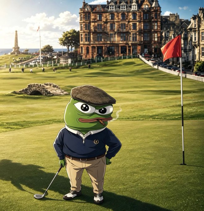 Pepe the Frog depicted as a golfer in a flat cap and navy sweater, holding a club and smoking a cigar on a golf course near a red flag.