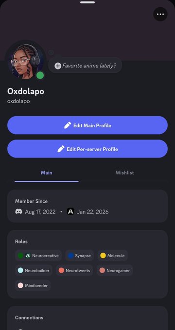 A Discord-style profile screen for user 'Oxdolapo' (oxdolapo) showing 'Favorite anime lately?' status, member since dates, and roles including Neuroactive, Synapse, Molecule, Neurobuilder, Neurotweets, Neurogamer, and Mindbender.