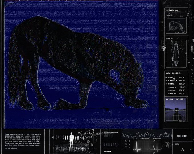A dark, stylized image showing a large animal silhouette against a blue grid background, accompanied by futuristic, scientific-looking data panels and text on the right side.
