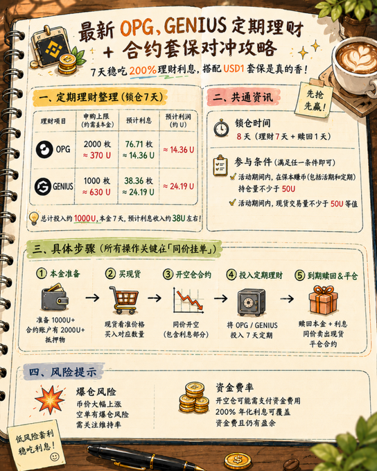 The image features a page from a notebook or binder, filled with information about a financial strategy called "OGG Genius", which stands for Online Trading Gains. The page includes details of this strategy, along with some illustrations depicting various aspects of wealth management and trading. There is also an illustration of a cup of coffee on the right side of the image, suggesting that the content might be related to daily life or personal finance.