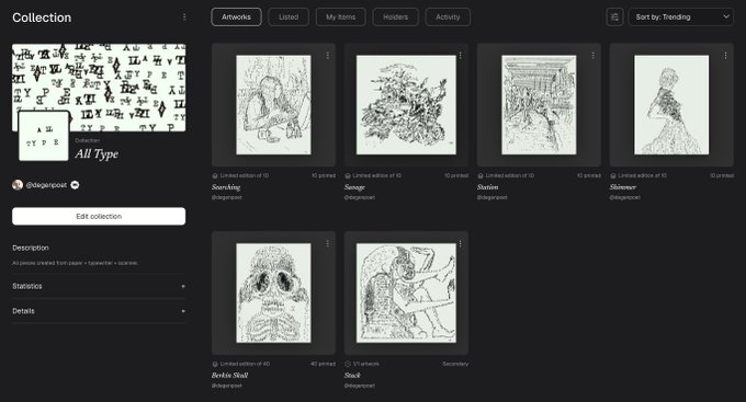 A screenshot of a digital NFT collection titled 'All Type' by @diegergodot, displaying various black-and-white artistic sketches including 'Seeding', 'Embrace', 'Station', 'Distance', 'Devlin Skull', and 'Shack'.