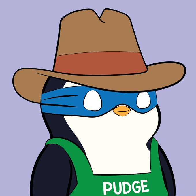Cartoon penguin wearing a brown fedora, blue superhero mask, and green tank top labeled 'PUDGE' against a purple background.