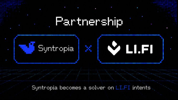 The image features a logo with two blue boxes containing white text that reads "Partnership Synthropia becomes a solver on LI.FI Intents". The background of the image is black, which contrasts with the blue boxes and makes them stand out.