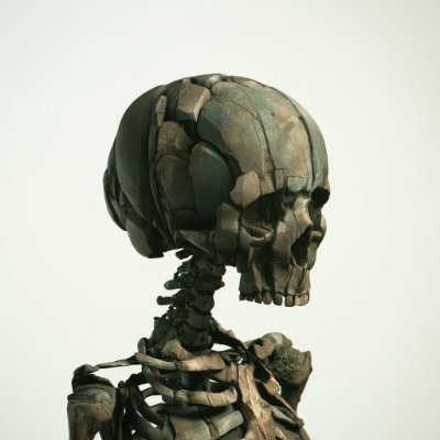 A 3D rendering shows a stylized, fragmented humanoid skull and upper spine with cracked, puzzle-like segments against a light gray backdrop.
