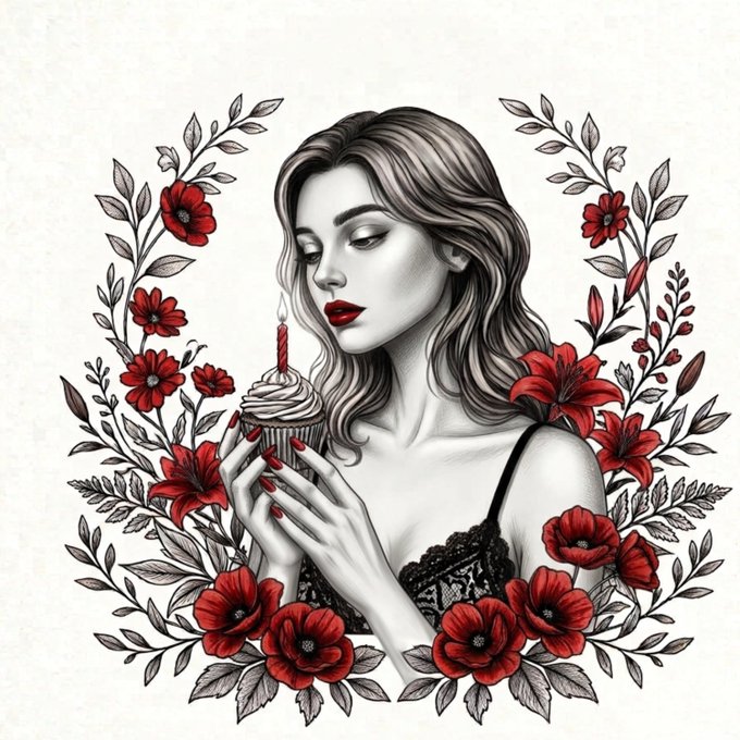 An illustration of a woman with red lips and nail polish holding a cupcake with a lit candle, surrounded by red poppies and sketched foliage.
