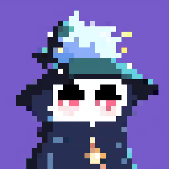 Pixel art character of a pale-skinned witch with purple and blue hair wearing a large pointed hat and dark cloak with a gold cross necklace, set against a purple background.