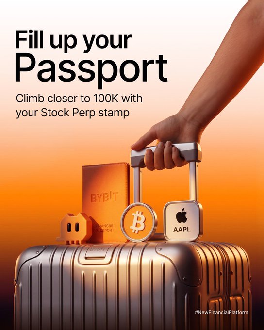 An advertisement showing a hand holding a suitcase handle with Bitcoin, AAPL, and Bybit passport tags, with text 'Fill up your Passport - Climb closer to 100K with your Stock Perp stamp' and hashtag #NewFinancialPlatform.