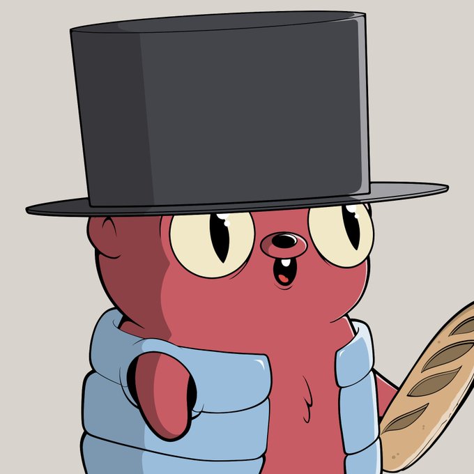 A cartoon illustration of a red character wearing a black top hat and blue puffer vest, holding a loaf of bread with a surprised expression.