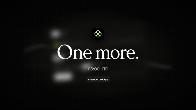 A minimalist black screen with the text 'One more.' and '06:00 UTC' alongside a small logo and the website 'usevertex.xyz'.
