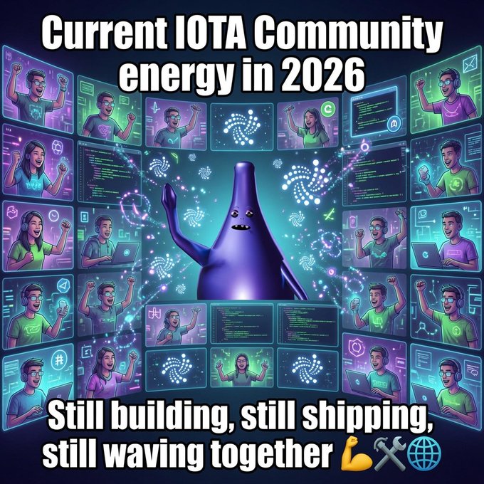 The image is a vibrant digital illustration titled "Current IOTA Community energy in 2026," featuring the IOTA mascot—a purple, teardrop-shaped character with googly eyes—waving amid glowing holographic IOTA logos, code snippets, and cheering community members displayed across multiple screens. The caption "Still building, still shipping, still waving together 💪⚒️🌐" reinforces the post's theme of ongoing dedication, visually echoing the energetic, collaborative spirit of the IOTA community through the mascot's animated wave and the surrounding crowd of enthusiastic supporters.