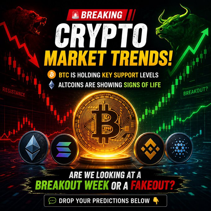 A 'BREAKING - CRYPTO MARKET TRENDS!' graphic with bull and bear imagery, showing Bitcoin holding key support levels and altcoins showing signs of life, featuring coin logos for ETH, SOL, BNB, and ADA, asking 'ARE WE LOOKING AT A BREAKOUT WEEK OR A FAKEOUT?'