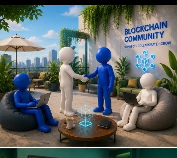 Two 3D humanoid figures in white and blue shake hands on a sunny rooftop terrace, symbolizing networking and connection, while others relax with laptops near a wall displaying "BLOCKCHAIN COMMUNITY" alongside a digital cube graphic. The handshake visually reinforces the post's message about building friendly relationships within blockchain networks, illustrating trust and collaboration as essential elements of the technology's social ecosystem.