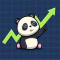 A cartoon panda mascot stands next to a bright green upward-trending arrow on a dark background.
