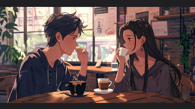 The image features a man and woman sitting at a table with coffee cups in front of them. The scene takes place in an art gallery or cafe setting, where they are enjoying their drinks together. The focus of the image seems to be on the couple rather than the coffee cups, as there is no text present that directly relates to the post about decentralization and blockchain technology.